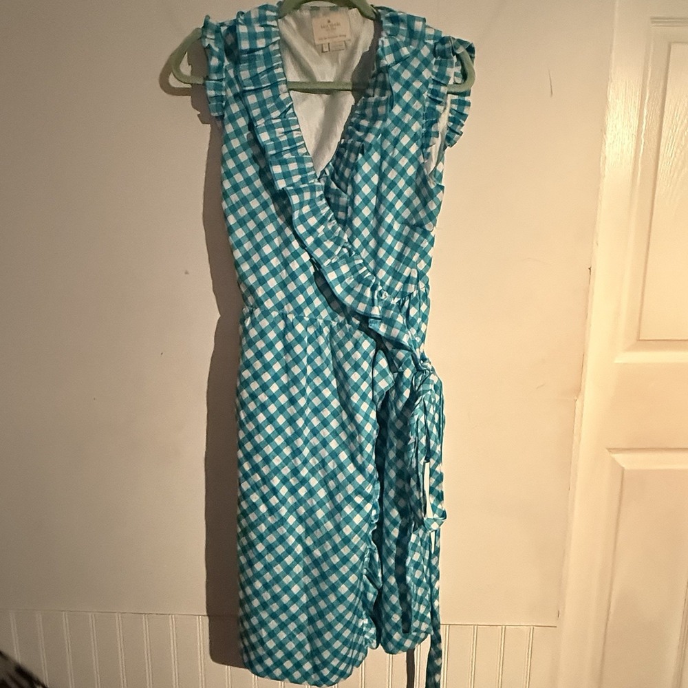 Kate Spade Size 12 Teal Gingham Ruffle Sleeve Wrap Dress Silk Blend Cottagecore